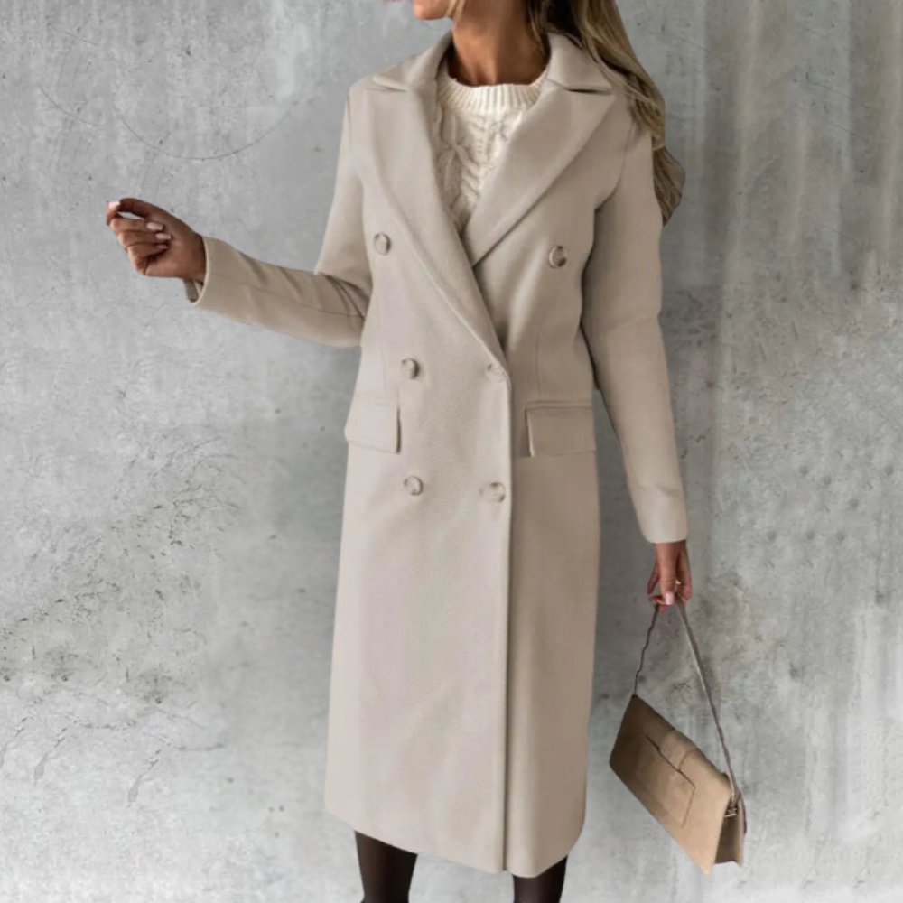 Women's Long Trench Coat Double-Breasted Notched Lapel Wool-Blend Overcoat – Office, Casual, Winter