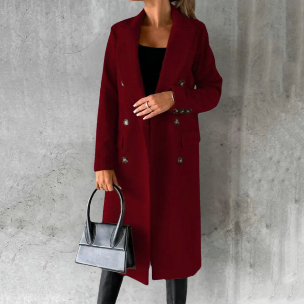 Women's Long Trench Coat Double-Breasted Notched Lapel Wool-Blend Overcoat – Office, Casual, Winter