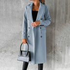 Women's Long Trench Coat Double-Breasted Notched Lapel Wool-Blend Overcoat – Office, Casual, Winter