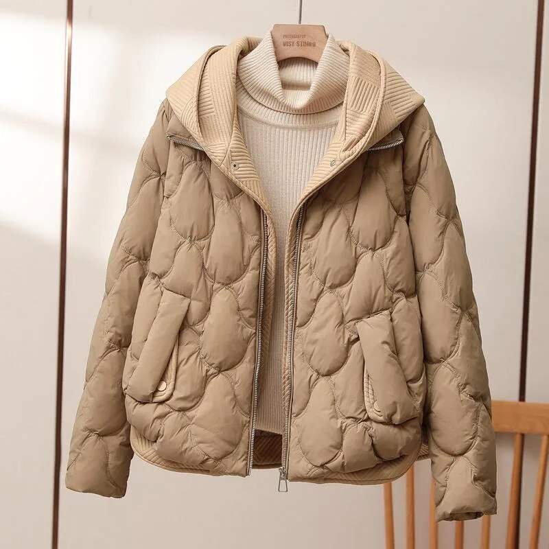 Women's Quilted Puffer Jacket with Hood Zip Front Beige Lightweight Coat – Casual, Office, Winter, Gift