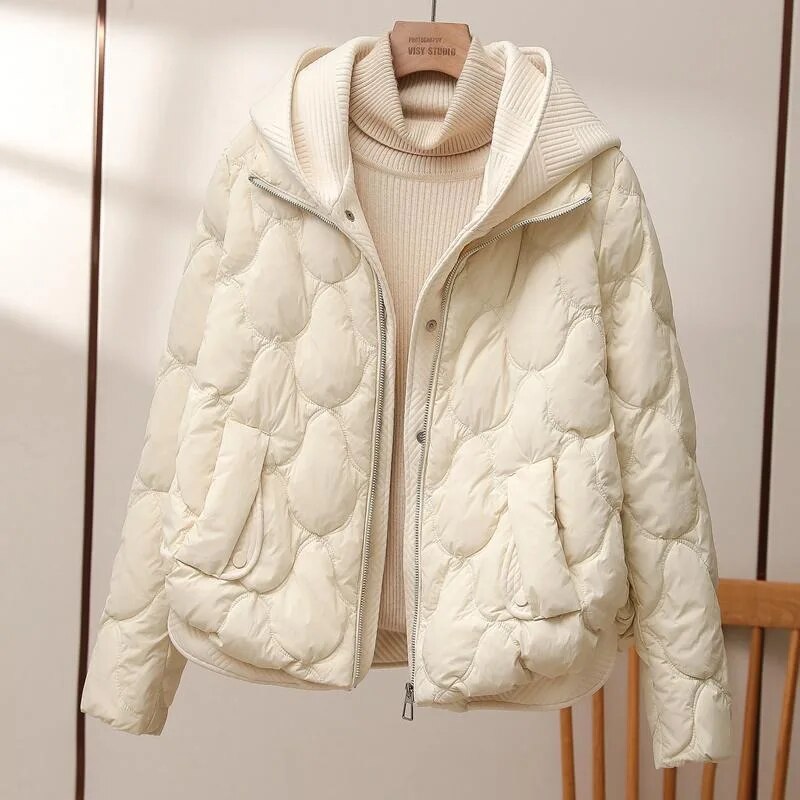 Women's Quilted Puffer Jacket with Hood Zip Front Beige Lightweight Coat – Casual, Office, Winter, Gift