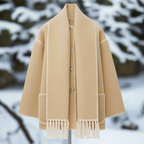 Women's Shawl Collar Coat Black Button-Front with Attached Scarf & Fringe Trim – Casual, Office, Winter, Gift
