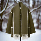 Women's Shawl Collar Coat Black Button-Front with Attached Scarf & Fringe Trim – Casual, Office, Winter, Gift