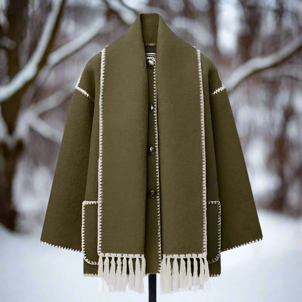 Women's Shawl Collar Coat Black Button-Front with Attached Scarf & Fringe Trim – Casual, Office, Winter, Gift
