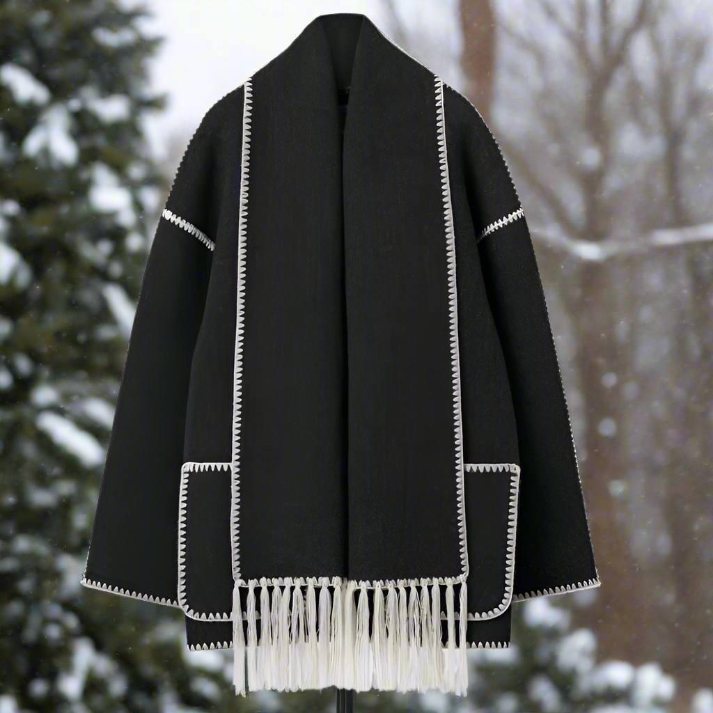 Women's Shawl Collar Coat Black Button-Front with Attached Scarf & Fringe Trim – Casual, Office, Winter, Gift
