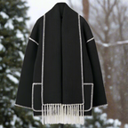 Women's Shawl Collar Coat Black Button-Front with Attached Scarf & Fringe Trim – Casual, Office, Winter, Gift