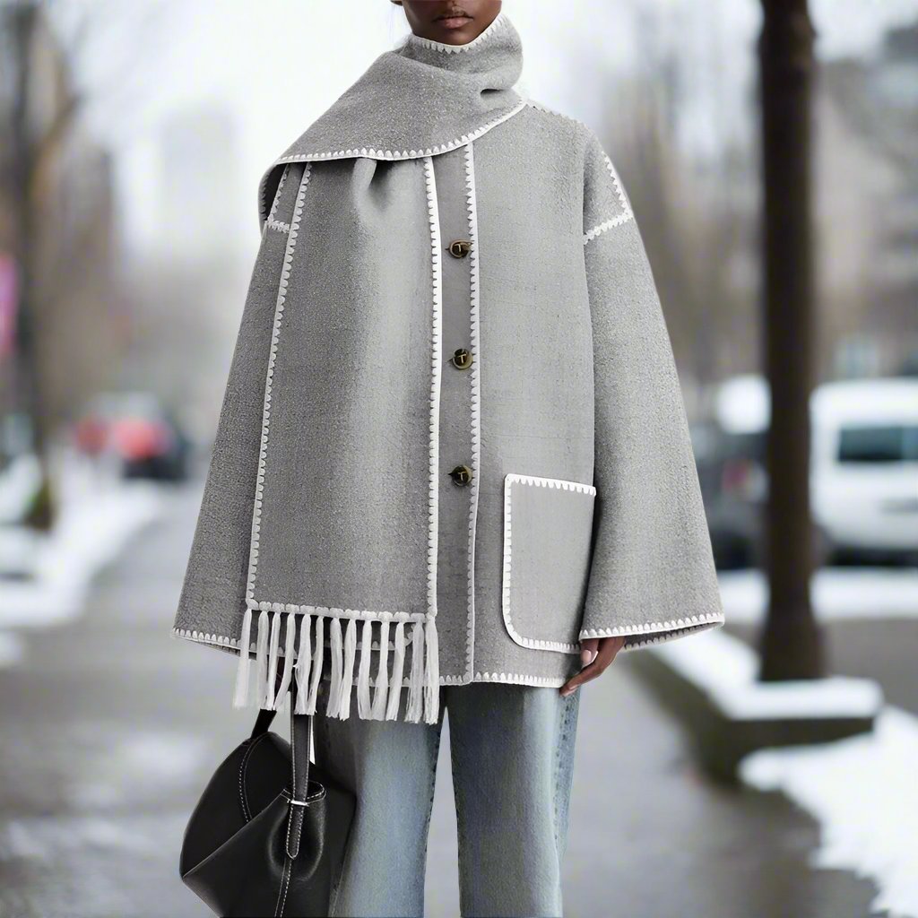 Women's Shawl Collar Coat Black Button-Front with Attached Scarf & Fringe Trim – Casual, Office, Winter, Gift