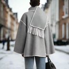 Women's Shawl Collar Coat Black Button-Front with Attached Scarf & Fringe Trim – Casual, Office, Winter, Gift