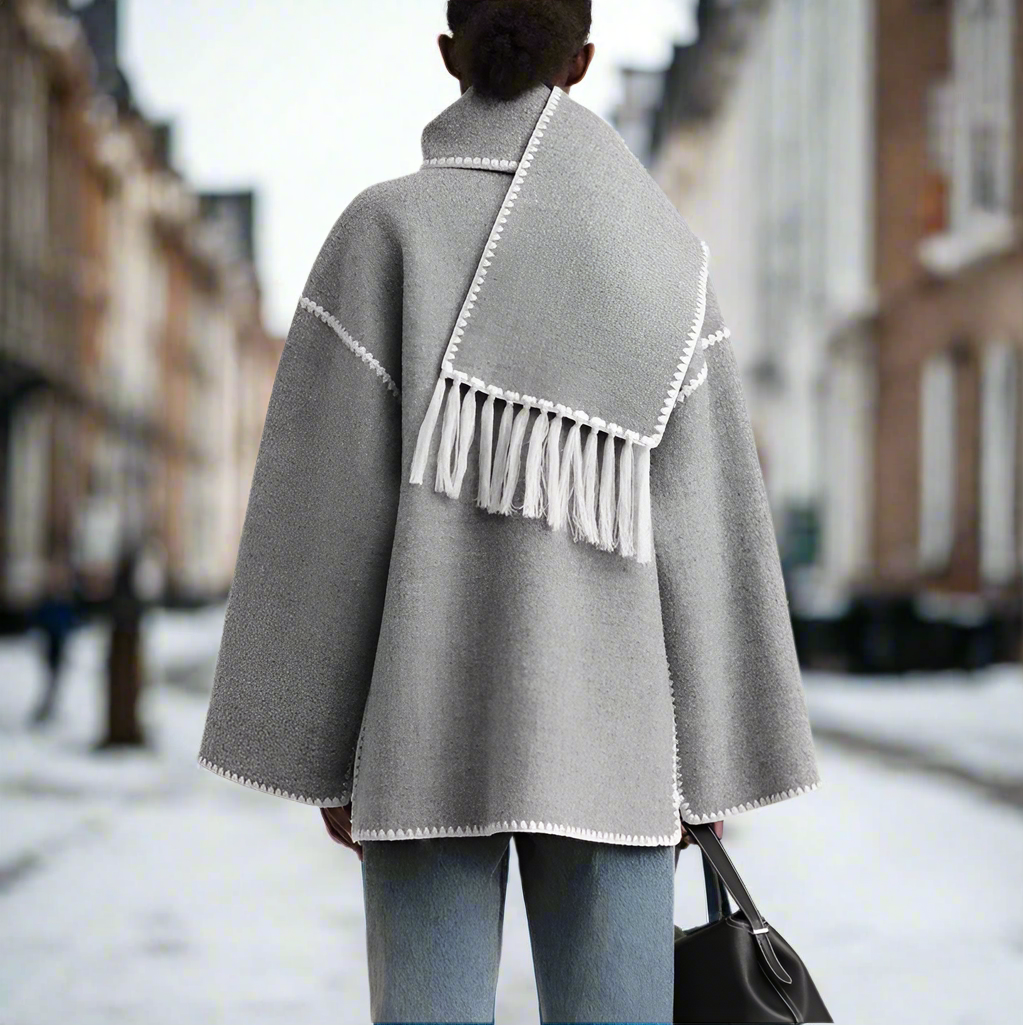 Women's Shawl Collar Coat Black Button-Front with Attached Scarf & Fringe Trim – Casual, Office, Winter, Gift