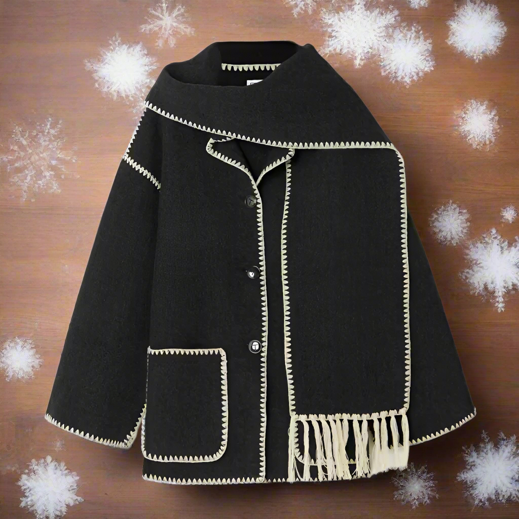 Women's Shawl Collar Coat Black Button-Front with Attached Scarf & Fringe Trim – Casual, Office, Winter, Gift