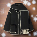 Women's Shawl Collar Coat Black Button-Front with Attached Scarf & Fringe Trim – Casual, Office, Winter, Gift