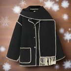 Women's Shawl Collar Coat Black Button-Front with Attached Scarf & Fringe Trim – Casual, Office, Winter, Gift