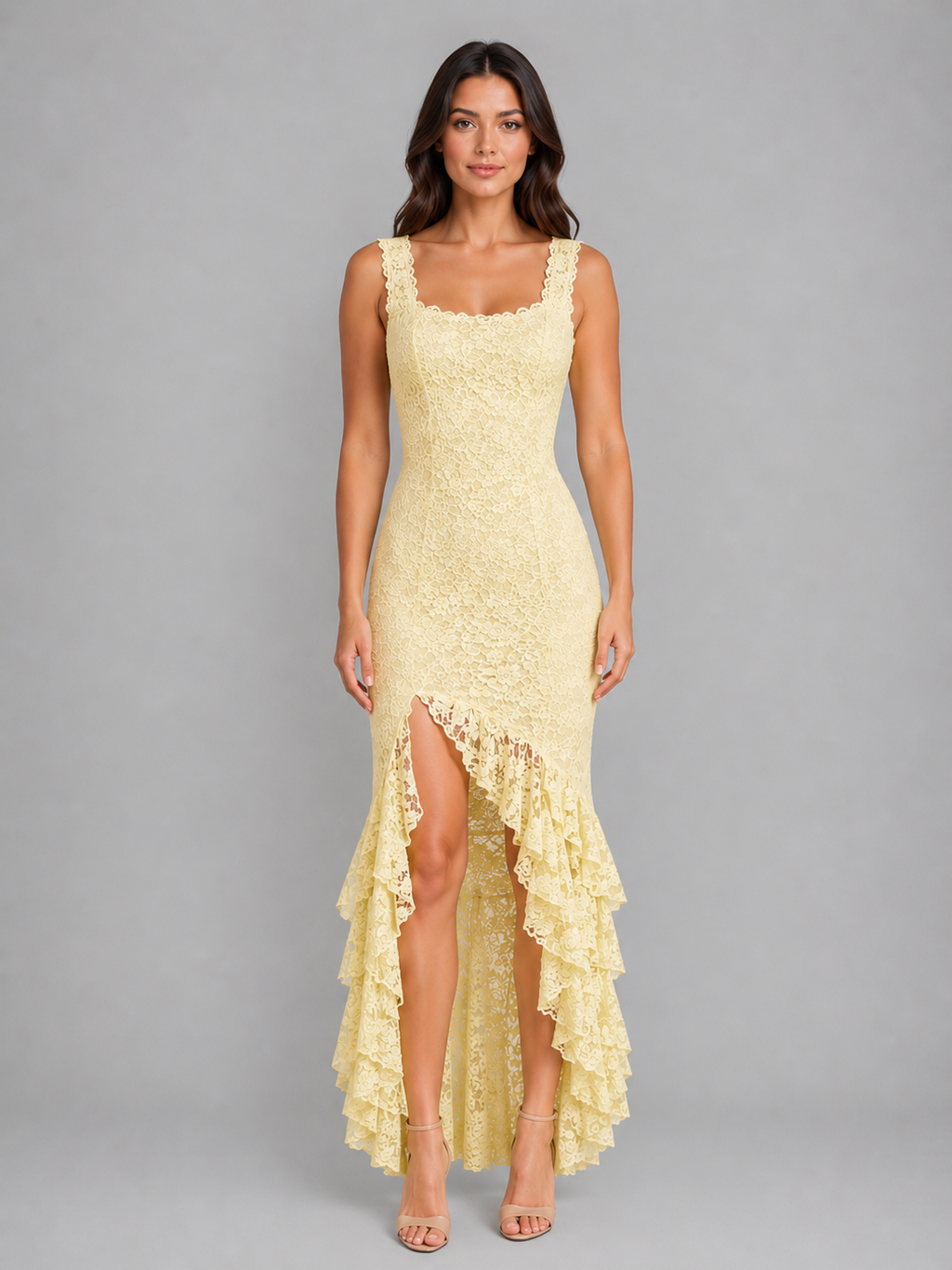 Women's Sleeveless Lace Dress | Ruffle Hem-Faylori