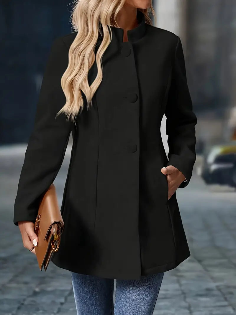Women's Stand Collar Coat Long Sleeve Button-Front Tailored Jacket – Office, Casual, Holiday, Gift