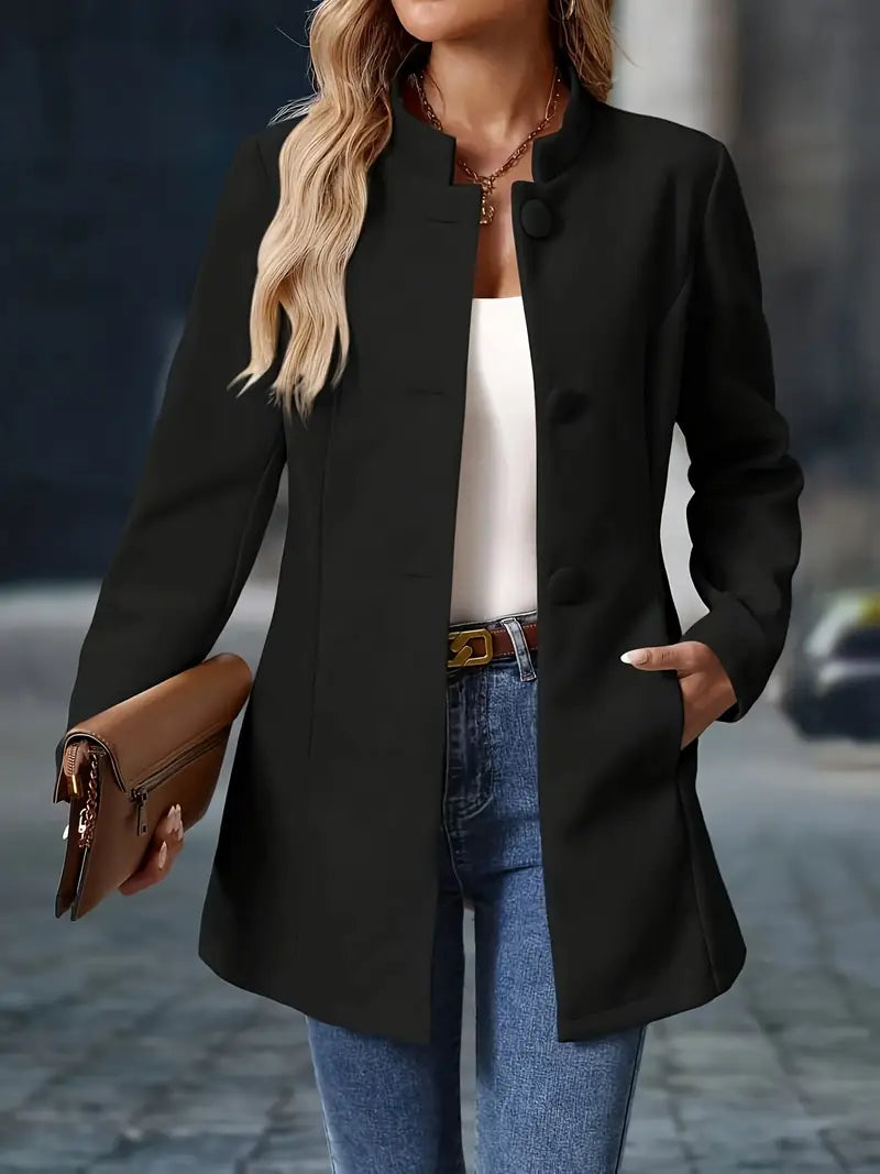 Women's Stand Collar Coat Long Sleeve Button-Front Tailored Jacket – Office, Casual, Holiday, Gift