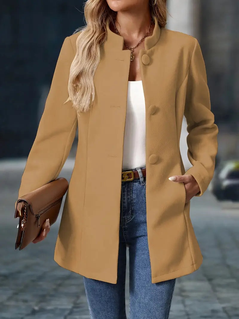 Women's Stand Collar Coat Long Sleeve Button-Front Tailored Jacket – Office, Casual, Holiday, Gift