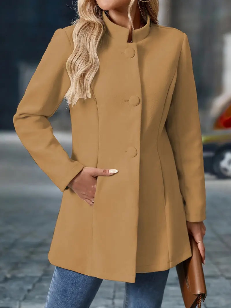 Women's Stand Collar Coat Long Sleeve Button-Front Tailored Jacket – Office, Casual, Holiday, Gift