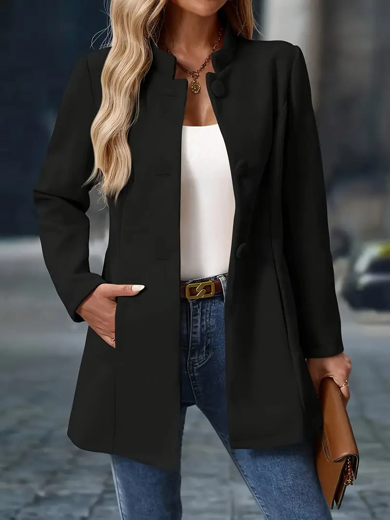 Women's Stand Collar Coat Long Sleeve Button-Front Tailored Jacket – Office, Casual, Holiday, Gift