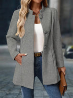 Women's Stand Collar Coat Long Sleeve Button-Front Tailored Jacket – Office, Casual, Holiday, Gift