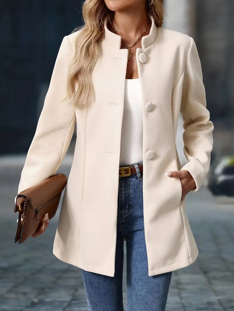 Women's Stand Collar Coat Long Sleeve Button-Front Tailored Jacket – Office, Casual, Holiday, Gift