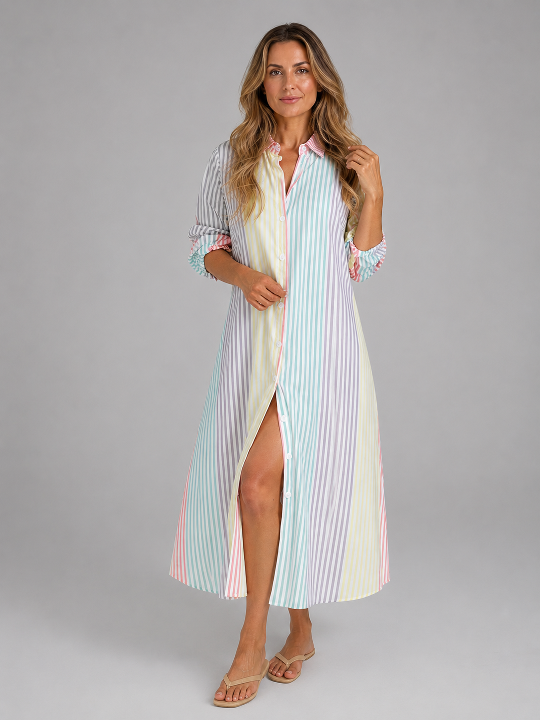 Women's Striped Shirt Dress | Button Front-Faylori