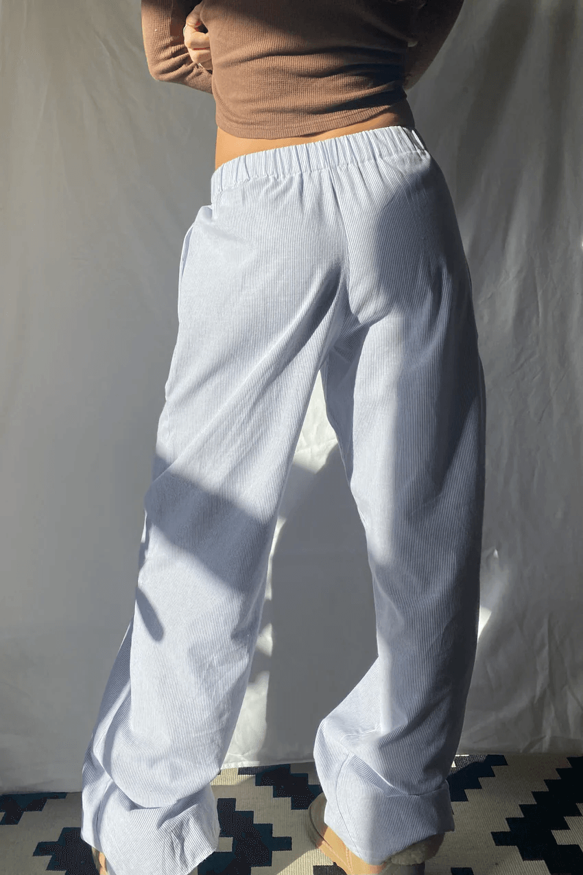 Women's Wide Leg Pants Light Blue Striped Elastic Waist with Side Pockets – Casual, Office