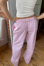 Women's Wide Leg Pants Light Blue Striped Elastic Waist with Side Pockets – Casual, Office