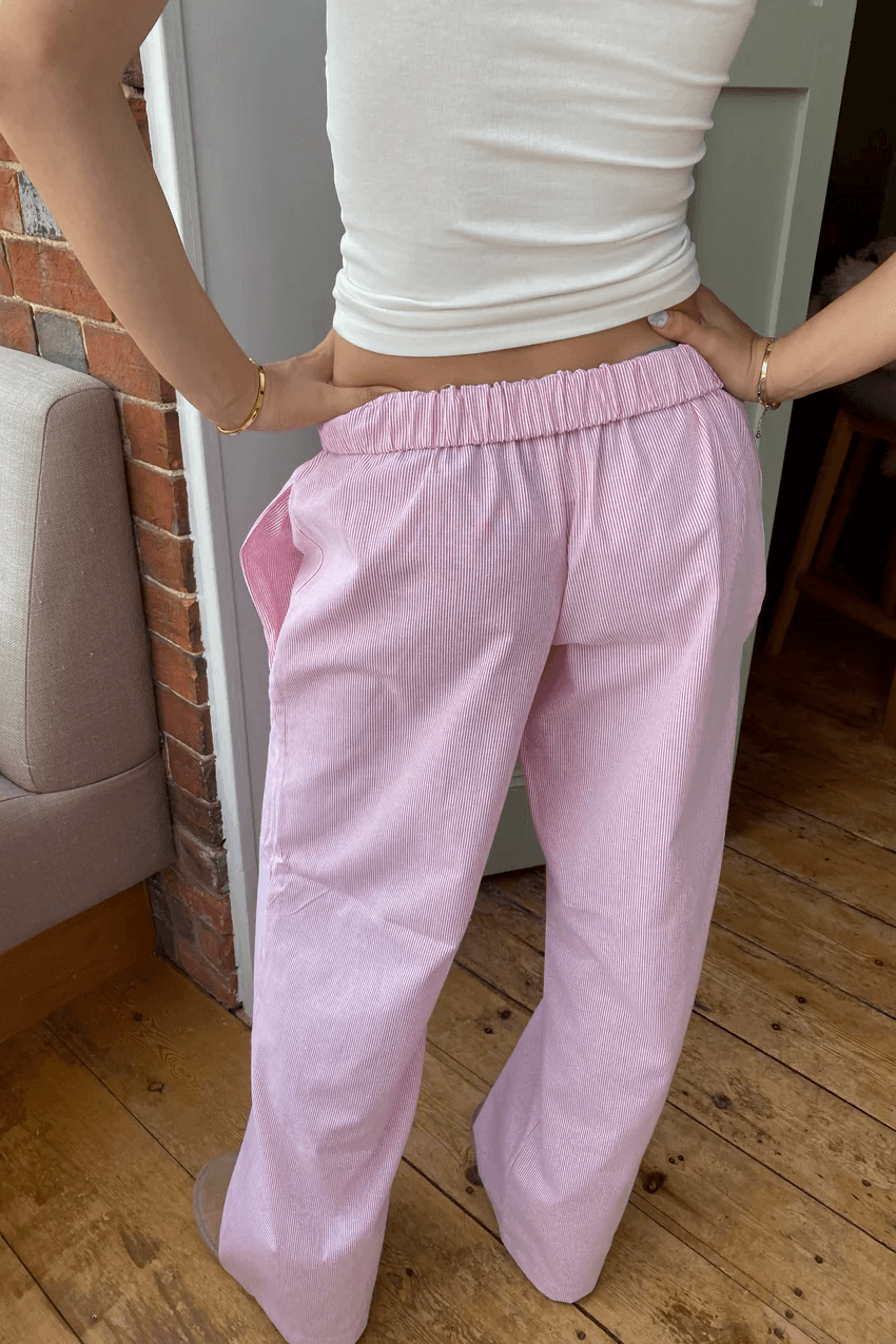 Women's Wide Leg Pants Light Blue Striped Elastic Waist with Side Pockets – Casual, Office