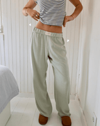 Women's Wide Leg Pants Light Blue Striped Elastic Waist with Side Pockets – Casual, Office
