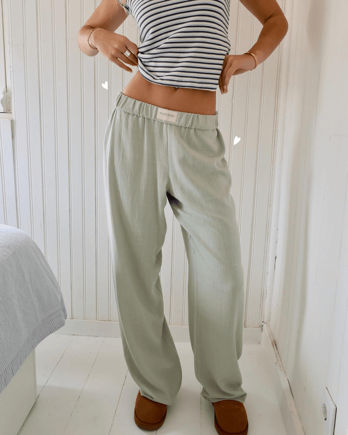Women's Wide Leg Pants Light Blue Striped Elastic Waist with Side Pockets – Casual, Office
