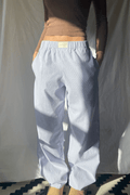 Women's Wide Leg Pants Light Blue Striped Elastic Waist with Side Pockets – Casual, Office