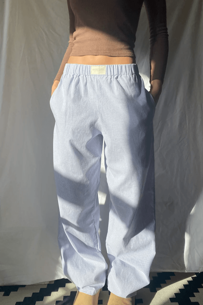 Women's Wide Leg Pants Light Blue Striped Elastic Waist with Side Pockets – Casual, Office