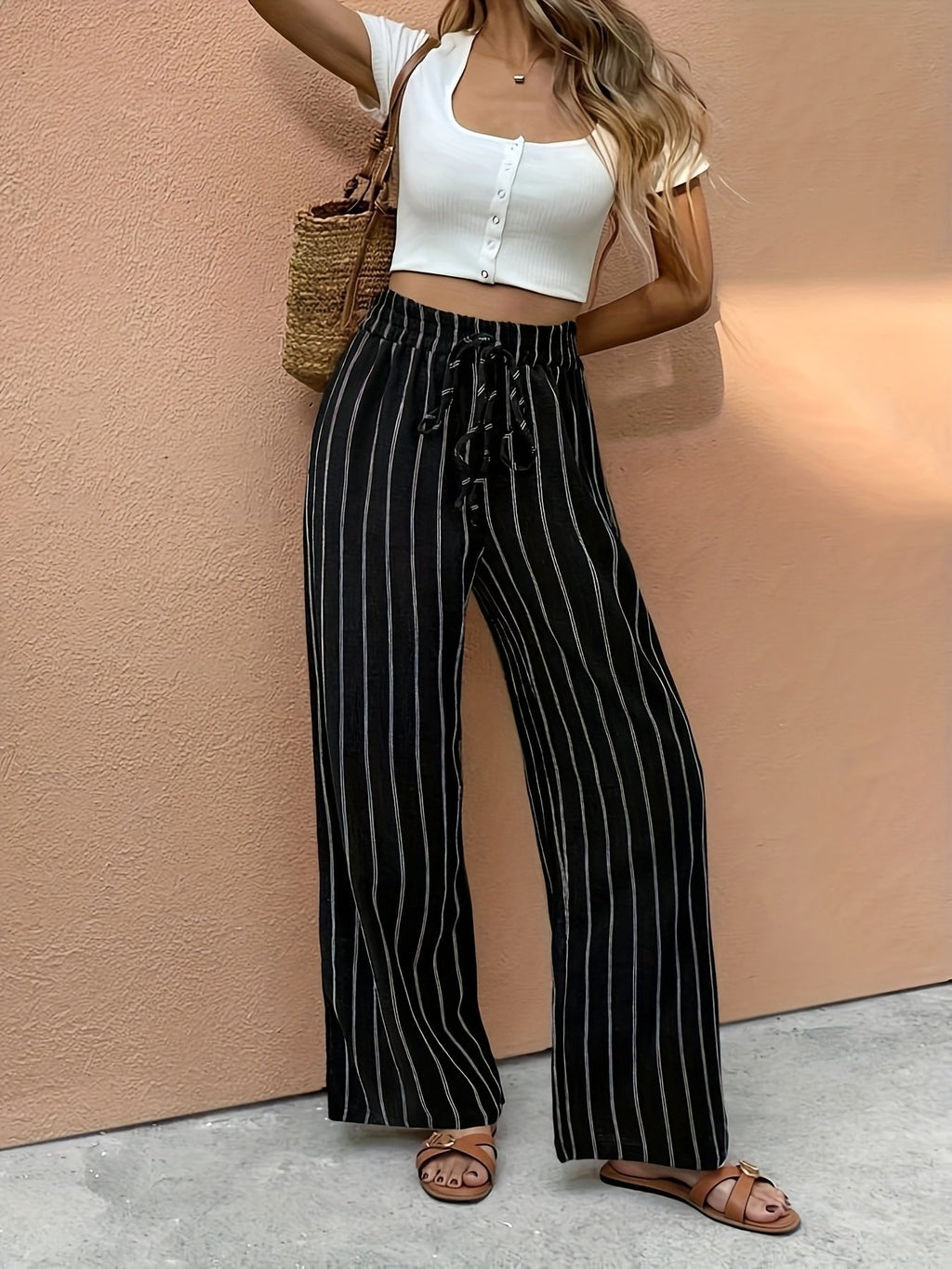 Women's Wide-Leg Pants | Striped Drawstring-Faylori