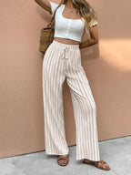 Women's Wide-Leg Pants | Striped Drawstring-Faylori
