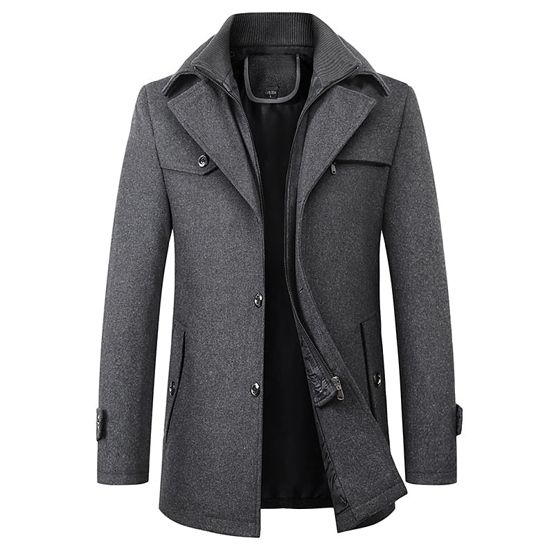 Wool Blend Coat Men's Black Double Collar Zip Trench Jacket – Office, Business, Casual, Gift