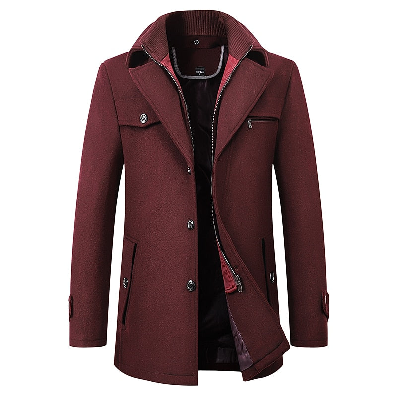 Wool Blend Coat Men's Black Double Collar Zip Trench Jacket – Office, Business, Casual, Gift
