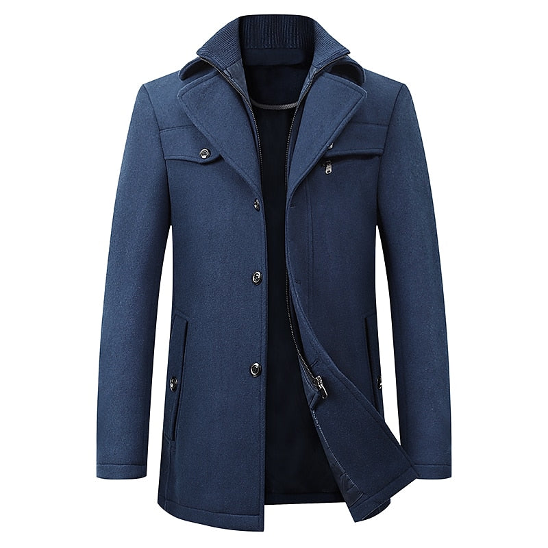 Wool Blend Coat Men's Black Double Collar Zip Trench Jacket – Office, Business, Casual, Gift