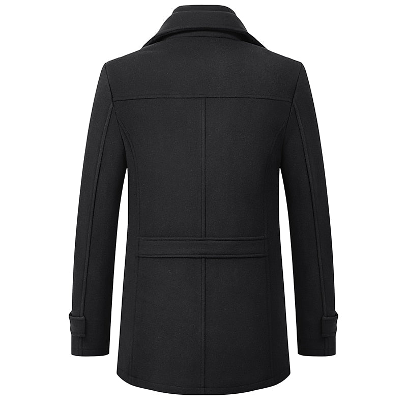 Wool Blend Coat Men's Black Double Collar Zip Trench Jacket – Office, Business, Casual, Gift