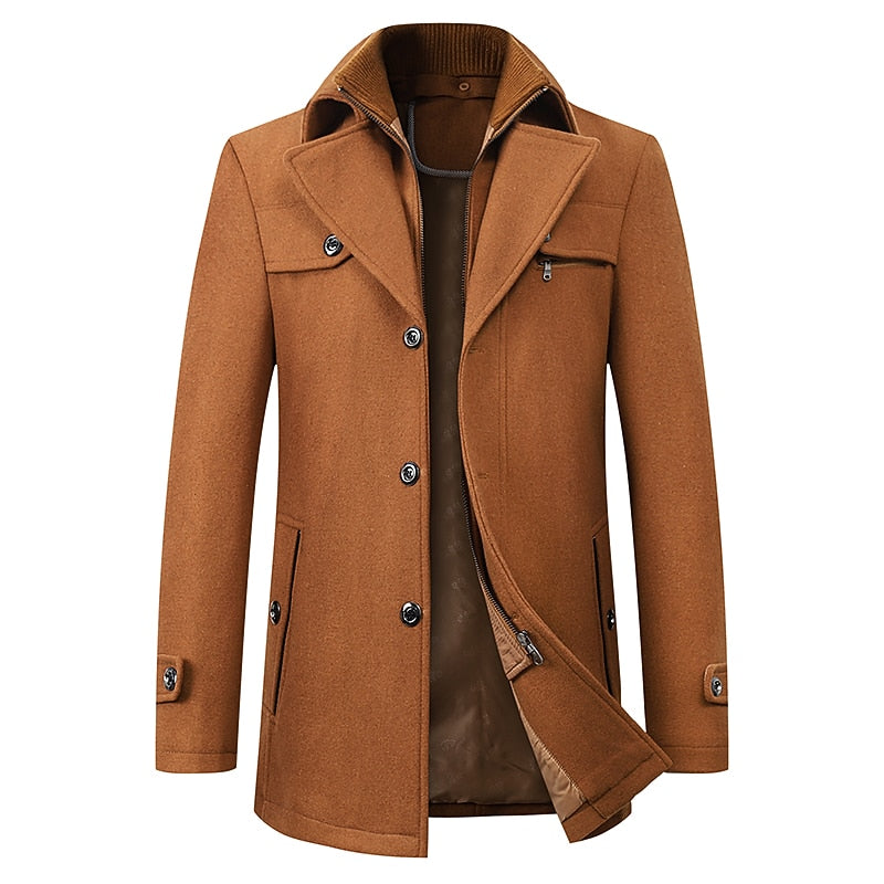 Wool Blend Coat Men's Black Double Collar Zip Trench Jacket – Office, Business, Casual, Gift
