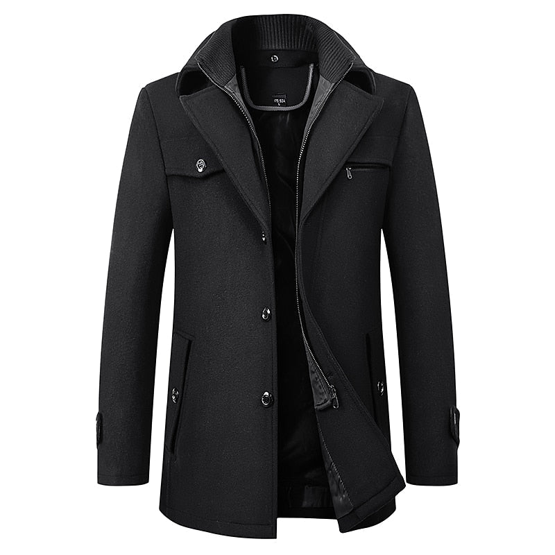 Wool Blend Coat Men's Black Double Collar Zip Trench Jacket – Office, Business, Casual, Gift