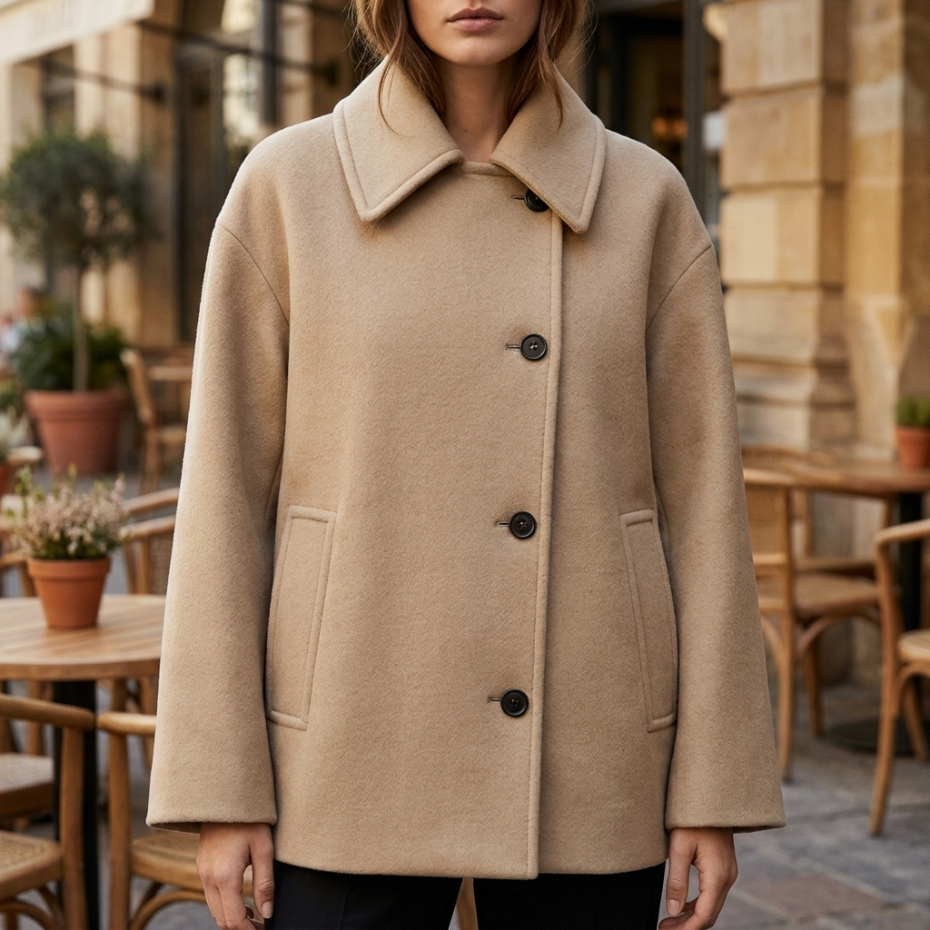 Wool Blend Coat Women's Beige Collared Button-Front Jacket – Casual, Office · Faylori