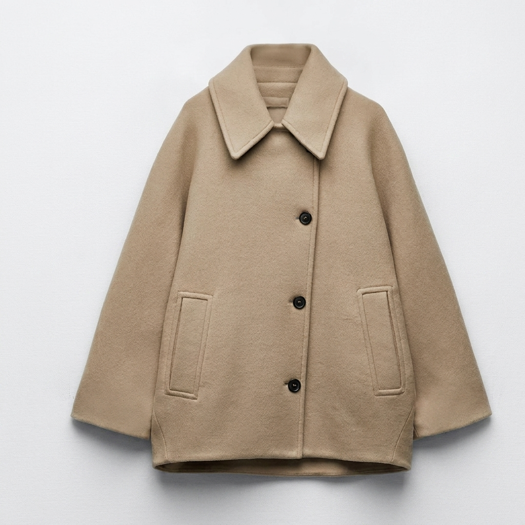 Wool Blend Coat Women's Beige Collared Button-Front Jacket – Casual, Office · Faylori
