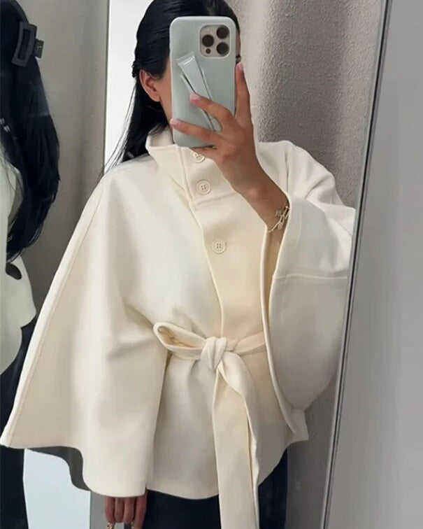 Wool Blend Coat Women's Belted Stand Collar Button-Front Jacket – Office, Casual, Winter, Gift