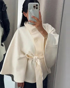 Wool Blend Coat Women's Belted Stand Collar Button-Front Jacket – Office, Casual, Winter, Gift