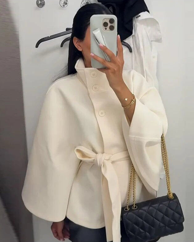 Wool Blend Coat Women's Belted Stand Collar Button-Front Jacket – Office, Casual, Winter, Gift