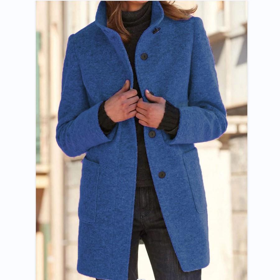 Wool Blend Coat Women's Stand Collar Button Front Long Jacket Gray – Casual, Office, Winter