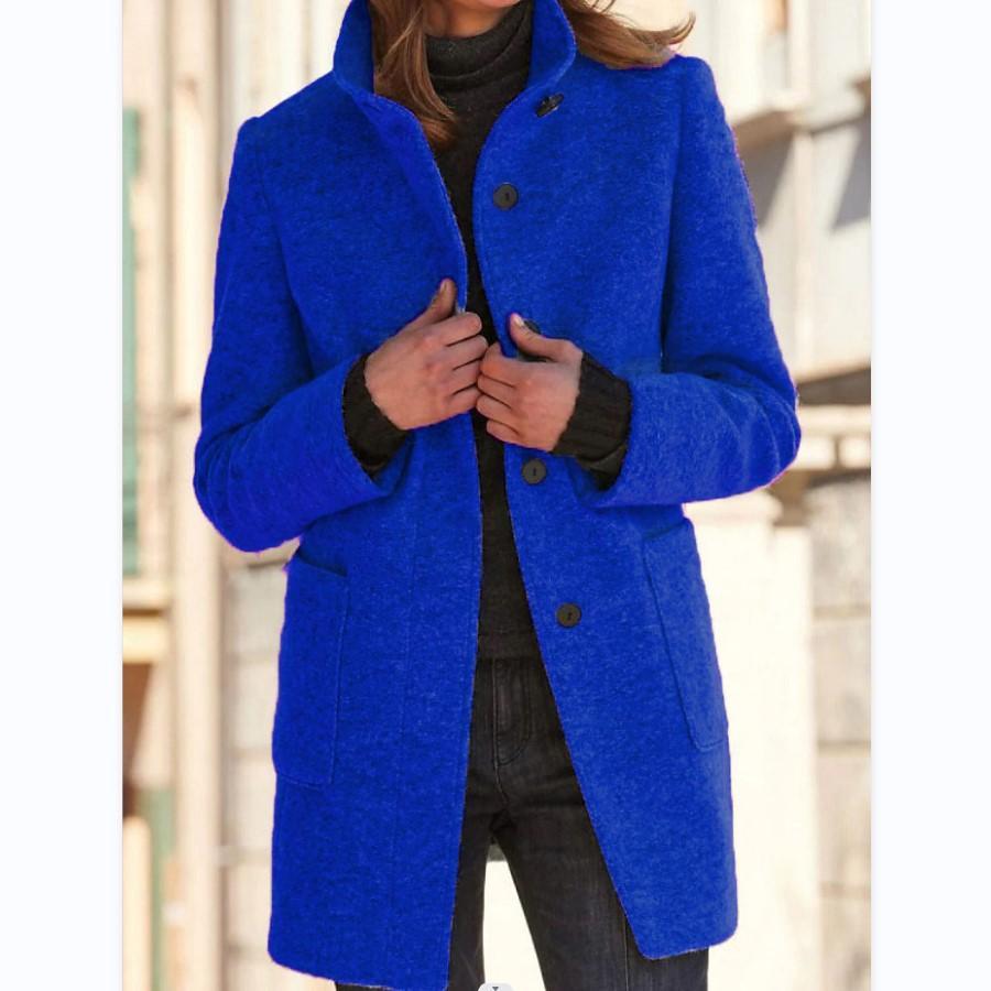 Wool Blend Coat Women's Stand Collar Button Front Long Jacket Gray – Casual, Office, Winter