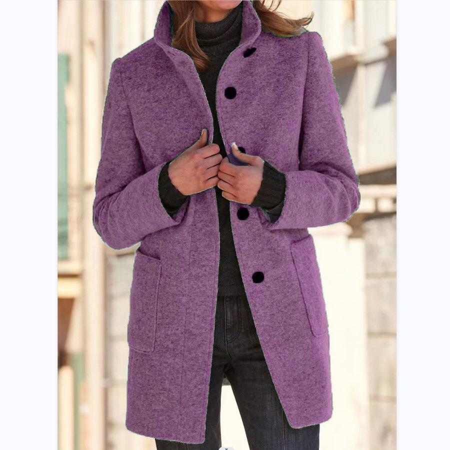 Wool Blend Coat Women's Stand Collar Button Front Long Jacket Gray – Casual, Office, Winter