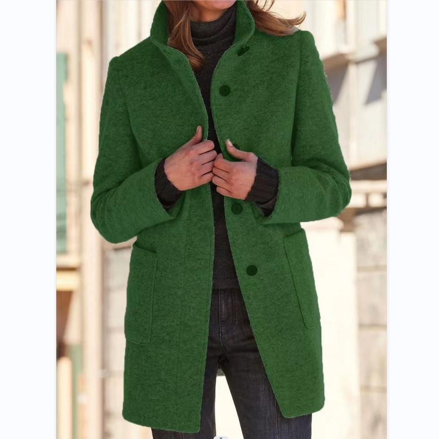 Wool Blend Coat Women's Stand Collar Button Front Long Jacket Gray – Casual, Office, Winter