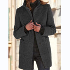 Wool Blend Coat Women's Stand Collar Button Front Long Jacket Gray – Casual, Office, Winter
